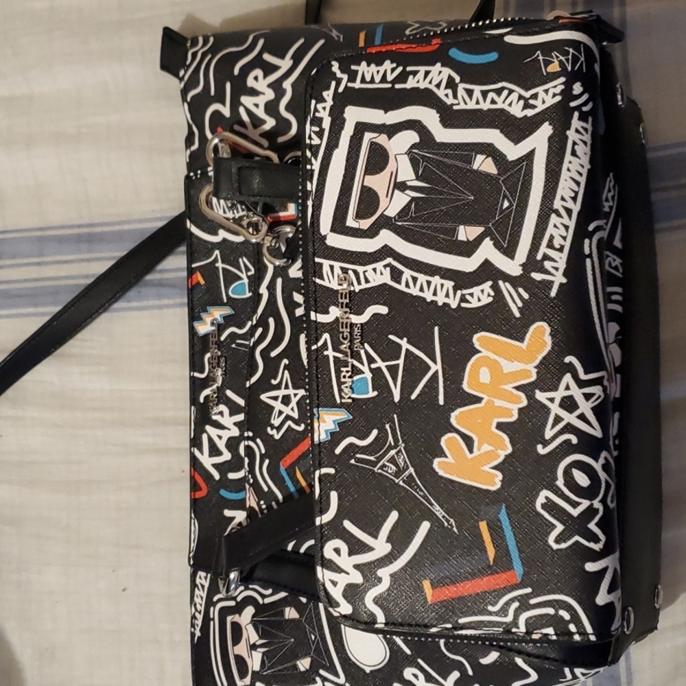 Karl Lagerfeld Black and White Graffiti Crossbody Bag